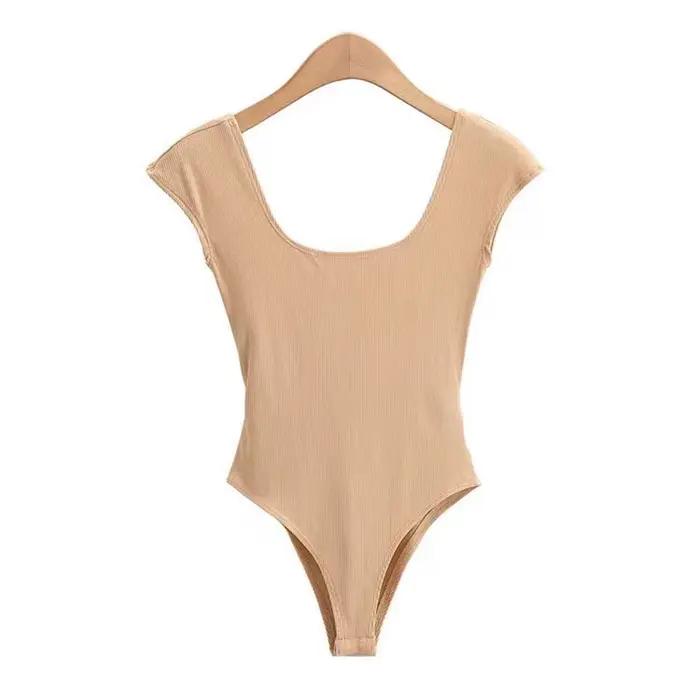 Body d'été nouveau décontracté basique chaud doux Sexy moulante col en U solide coupe ajustée à manches courtes hauts femmes serré dos nu combinaison