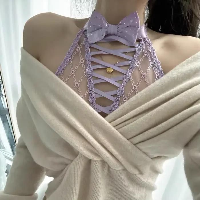 Soutien-gorge violet, nœud, motif diamant, strass, lacets, col haut, sous-vêtements à col rond