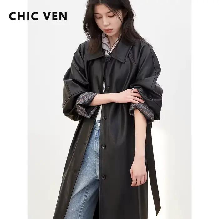 Dlhý PU kabát pre ženy CHIC VEN