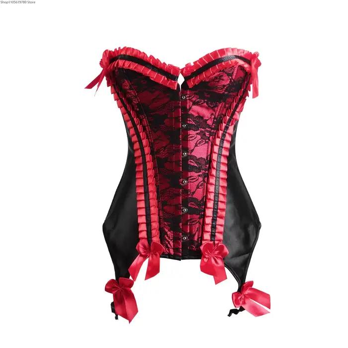 Corset bustier à volants pour femme, style vintage, en dentelle et satin, avec nœud et jarretelles, gaine amincissante, tenue de cosplay, scène, fête, performance