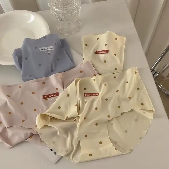 Culottes de lingerie en soie glacée, taille mi-haute, douces pour la peau, à pois, sans couture, pour femme et jeune fille