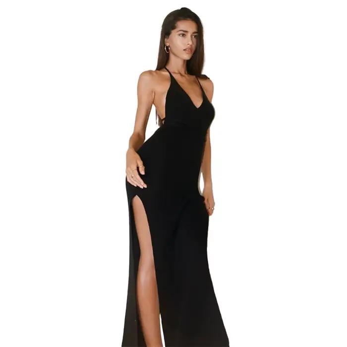 Robe de plage d'été, fente haute, couleur unie, robe de vacances, Sexy, tricot, dos nu, col licou, élégante, sans manches, moulante, à nouer