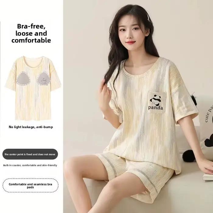 Pyjama avec coussinets de poitrine pour femmes, été, dessin animé, manches courtes, shorts, ours, vêtements de détente pour étudiants, ensemble 2 pièces, vêtements de nuit mignons, vêtements de maison