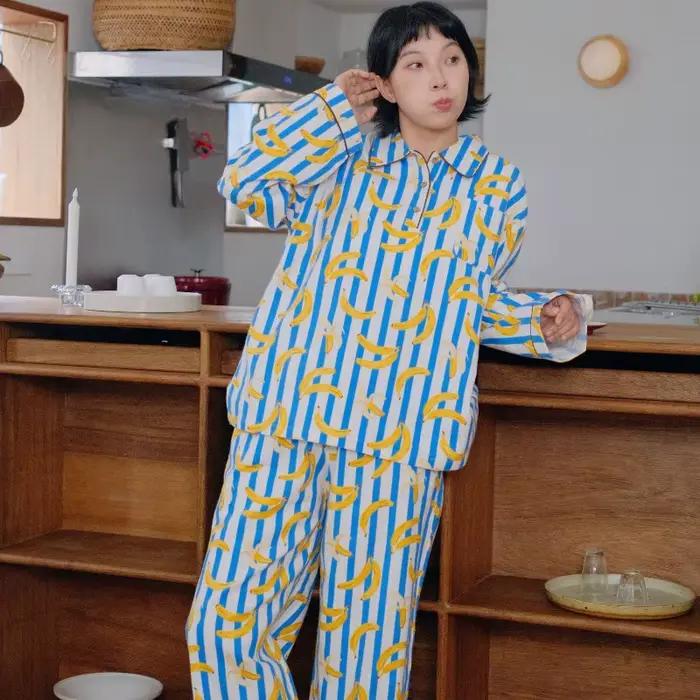 Rayé banane pyjama ensemble femmes mignon dessin animé fruits vêtements de nuit 100% coton à manches longues vêtements de détente 2 pièces automne Homewear Femme