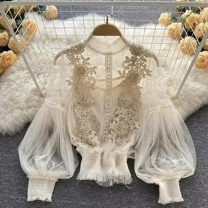 Dlhé rukávy nadýchaná čipka Vintage blúzka Módne elegantné blúzky pre ženy Kórejské