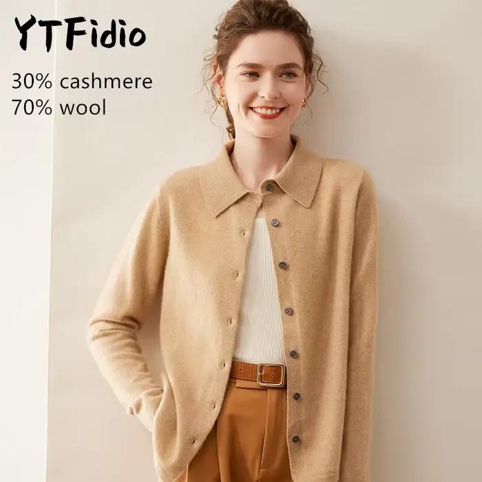 YTFidio kašmír merino vlna pulóver pre ženy s POL golierom dlhé rukávy luxusný vrchný odev dizajnérske dámske kardigany