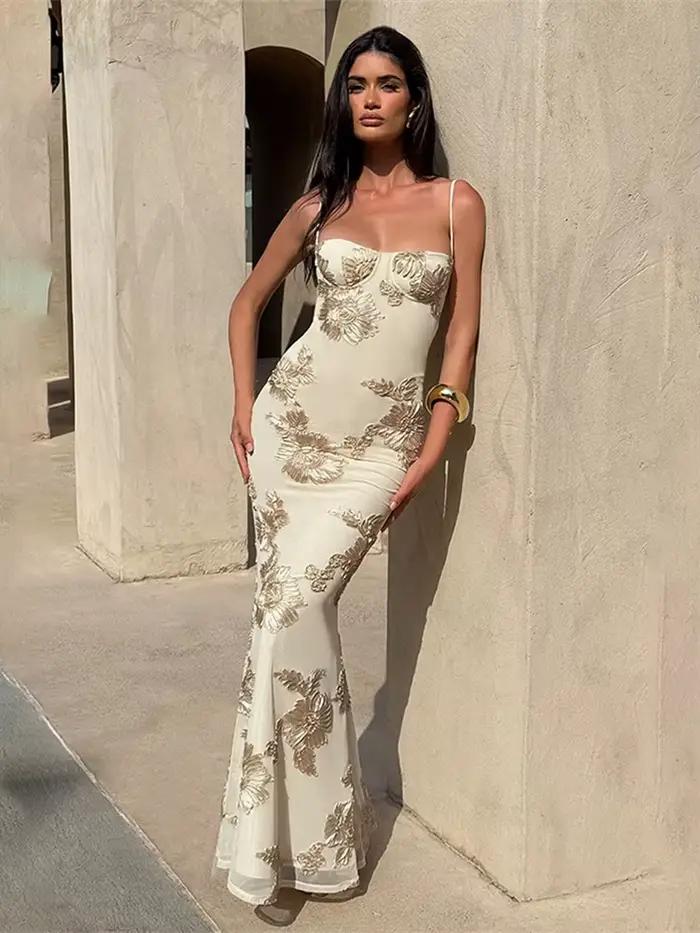 Nibber Elegantná Kvetinová Výšivka Maxi Šaty Ženy Nízky Golier Krížový Obväz Holý Chrbát Letné Uličný Trend Skinny