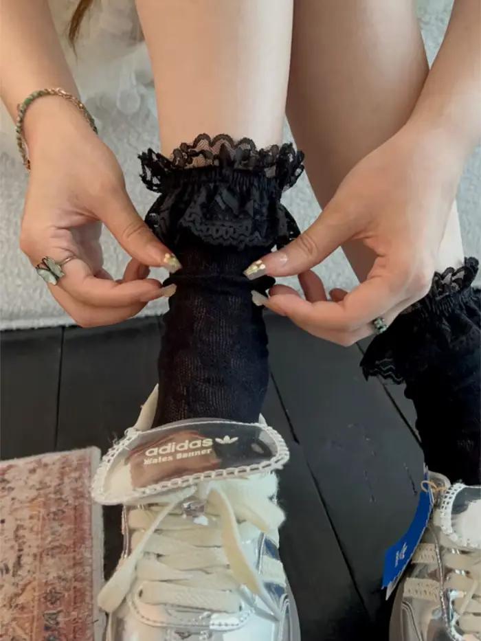 Chaussettes en résille en Nylon pour femmes, chaussettes Sexy en dentelle ajourée avec nœud imprimé, mode japonaise JK Lolita Kawaii, chaussettes en maille respirante à la cheville