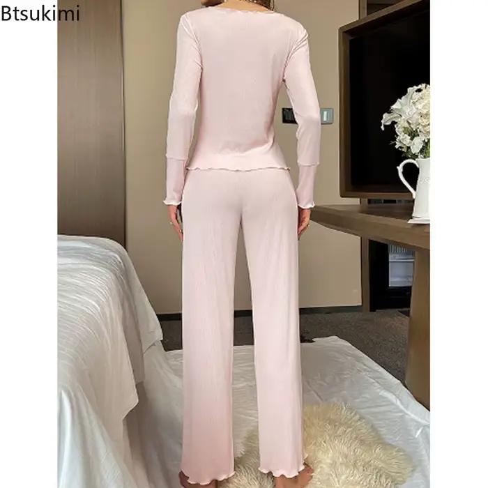 Ensemble pyjama sexy pour femmes, col en V, plissé, manches longues, haut et pantalon haut de gamme, vêtements de détente, 2 pièces, printemps-automne