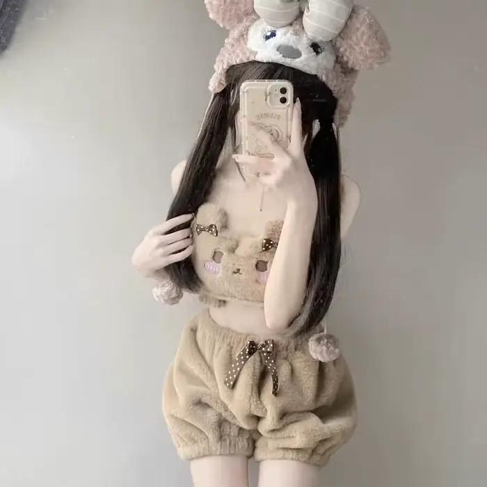 Fille japonaise Kawaii Lolita moelleux Push Up soutiens-gorge slips femmes mignon fourrure dessin animé soutien-gorge nœud ABDL Bloomers Sissy Lingerie intime
