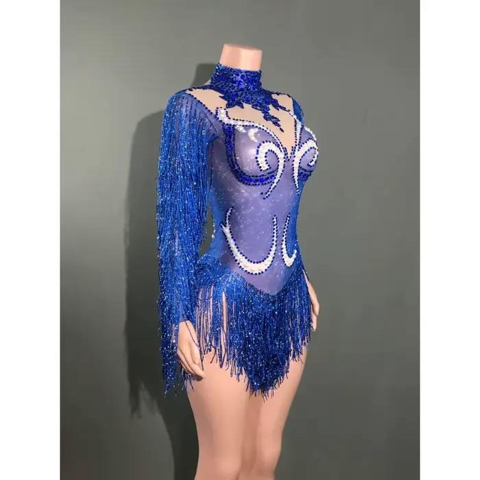 Nouvelle tenue de spectacle de danse pour femmes, costume de fête d'anniversaire, combinaison transparente de luxe grise à franges, strass argentés et perles