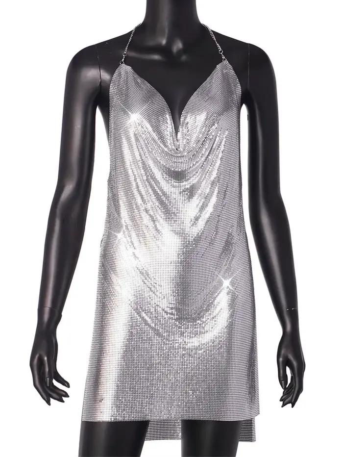 Sexy priesvitné metalické flitrované večerné šaty pre ženy leto holý chrbát čierna pláž klub mini