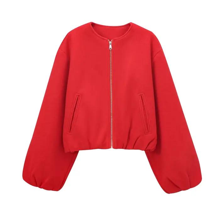 MUJER červená zipsová bomber bunda pre ženy mäkká skrátená