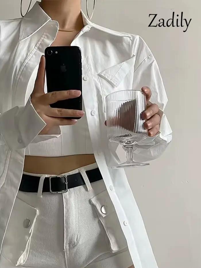 Zadily jeseň 2025 nové streetwearové dlhé rukávy biela košeľa pre ženy minimalistické vrecko gombíková dámska tunika