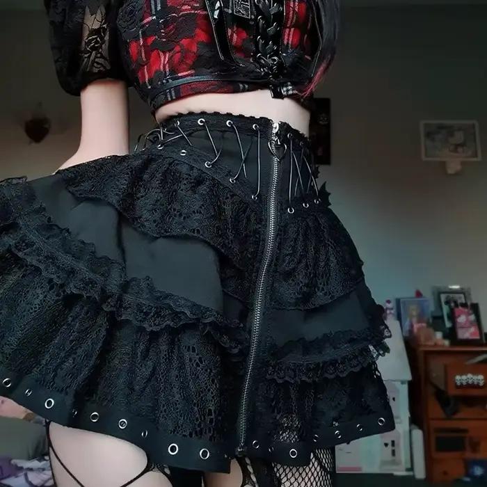 Gotická korčuliarka Punk Vintage vysoký pás sukňa ženy zips vpredu Štýl japonský Kawaii čierny Harajuku Cosplay