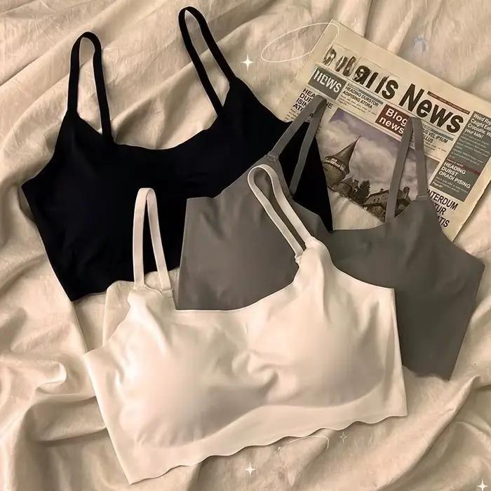 Ensemble soutien-gorge et culotte sans couture à bord festonné pour femmes, ensemble de lingerie confortable sans fil gris noir blanc respectueux de la peau