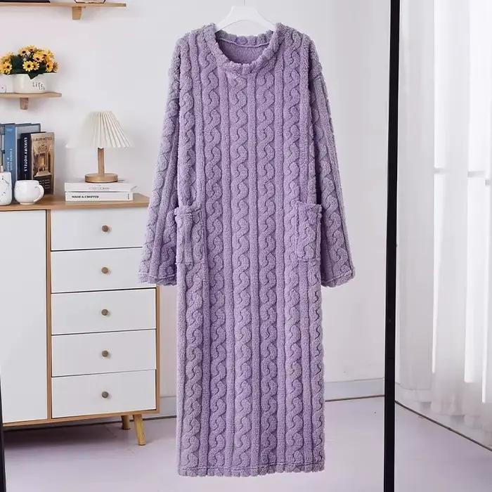 Chemise de nuit Jacquard en polaire corail pour femmes, vêtements de maison amples et chauds, doublé polaire et épais, pyjama mi-long en flanelle