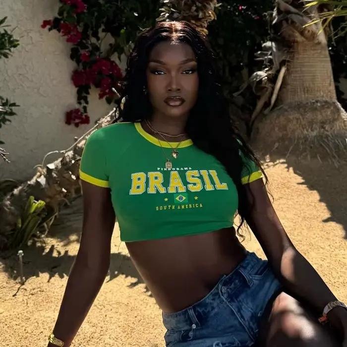 2024 Retro Uličná Estetika Baby Tričko Ženy Zelená Brazília Písmená Potlač Úroda Vrchy Neformálne Tenké Krátke Rukávy