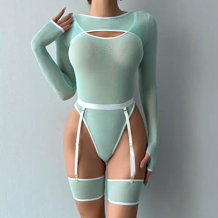 Diccvicc-Body Lingerie à manches longues en dentelle transparente pour femme, costume de batterie fine, tenue sexuelle, sous-vêtements, costume InDispensKit, maille 7.0