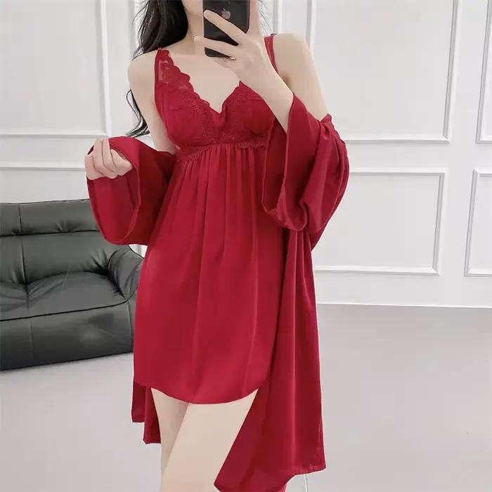 Nuisette et Robe en soie glacée, vêtements de nuit, ensemble Kimono deux pièces en dentelle, Long peignoir élégant, chemise de nuit Sexy, vêtements de maison