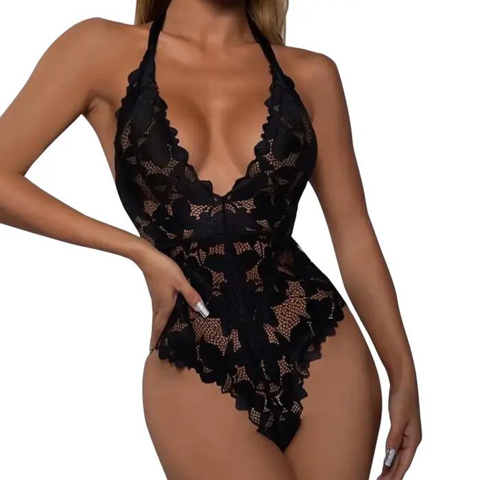 Femmes dentelle noire Lingerie Sexy col en V profond dos nu Teddy body femmes serré Ultra mince Lingerie Sexy nuisettes érotiques