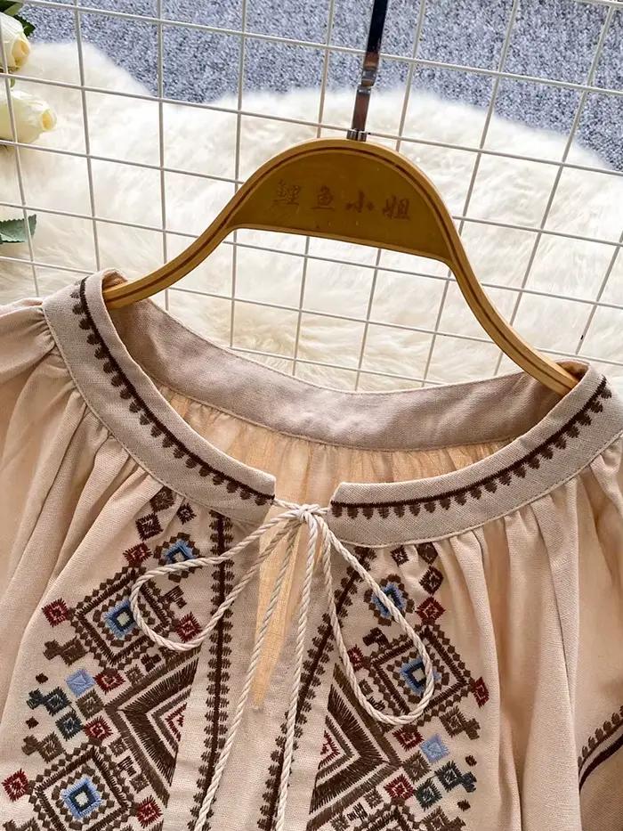 Dámska jesenná voľná blúzka umelecká retro ťažká výšivka mašľa okrúhly golier lampiónové rukávy ležérna košeľa