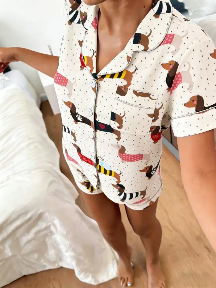 Pyjama femme 2 pièces avec cardigan à revers et short à manches courtes, imprimé Teckel, style mignon, pour le printemps et l'été, vêtements d'intérieur et de détente