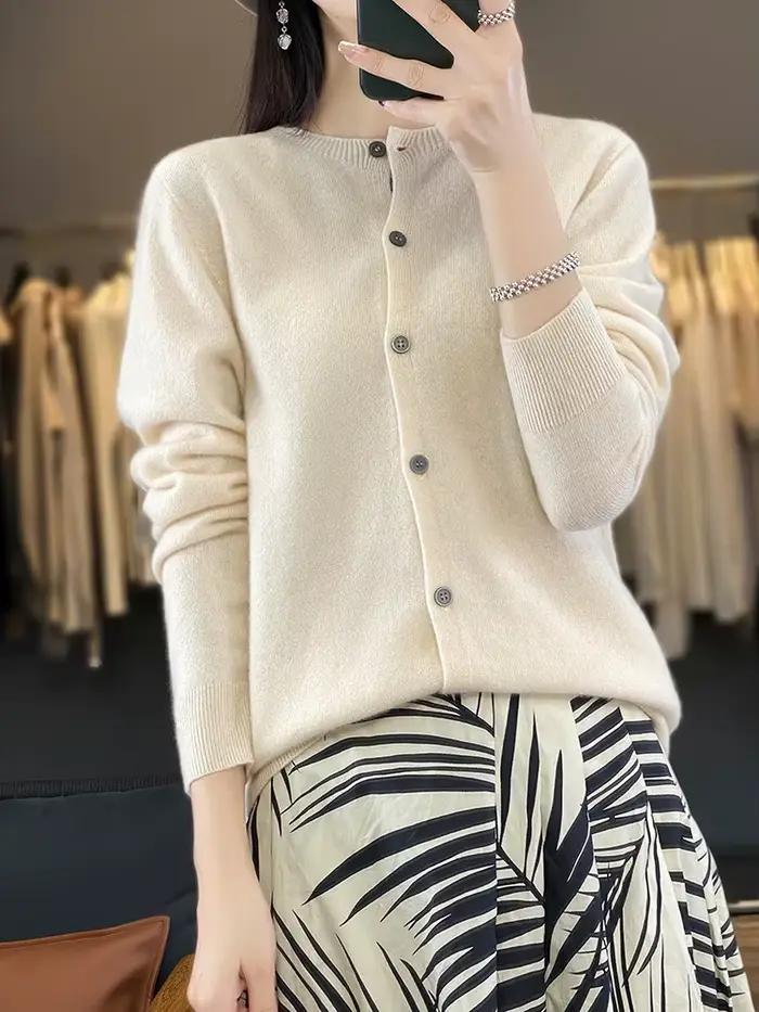 100% merino vlna pulóver pre ženy okrúhly výstrih Cardigan základný štýl gombíkový úplet pre