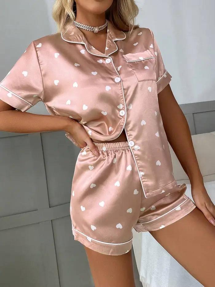 Ensemble pyjama en Satin imprimé cœur pour femmes, décontracté, manches courtes, col à revers, hauts et pantalons, vêtements de nuit et de détente pour adultes