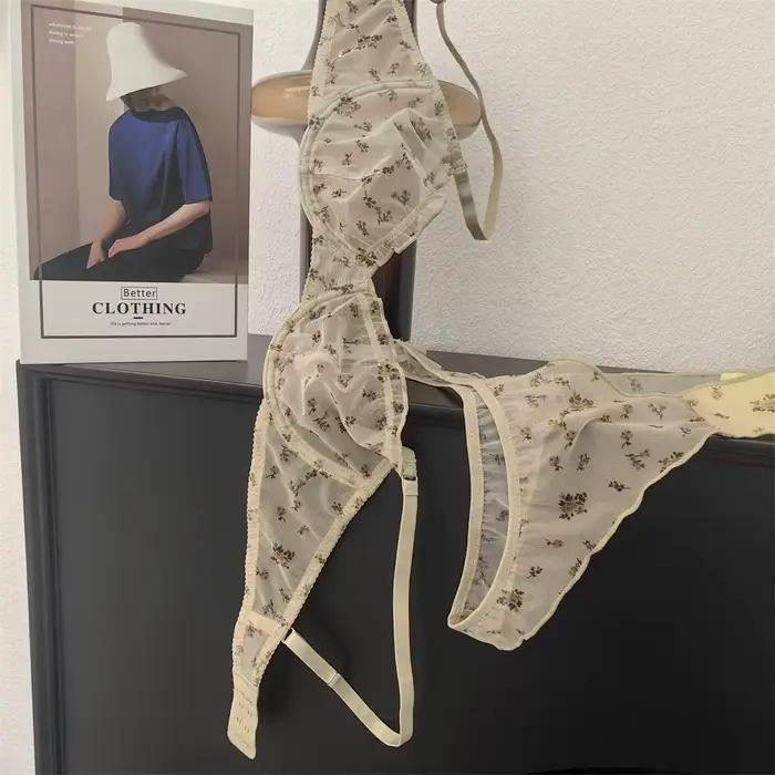 Ensemble de Lingerie à imprimé Floral pour femmes, soutien-gorge Sexy en dentelle, français, Ultra fin, respirant, intimes, sous-vêtements doux