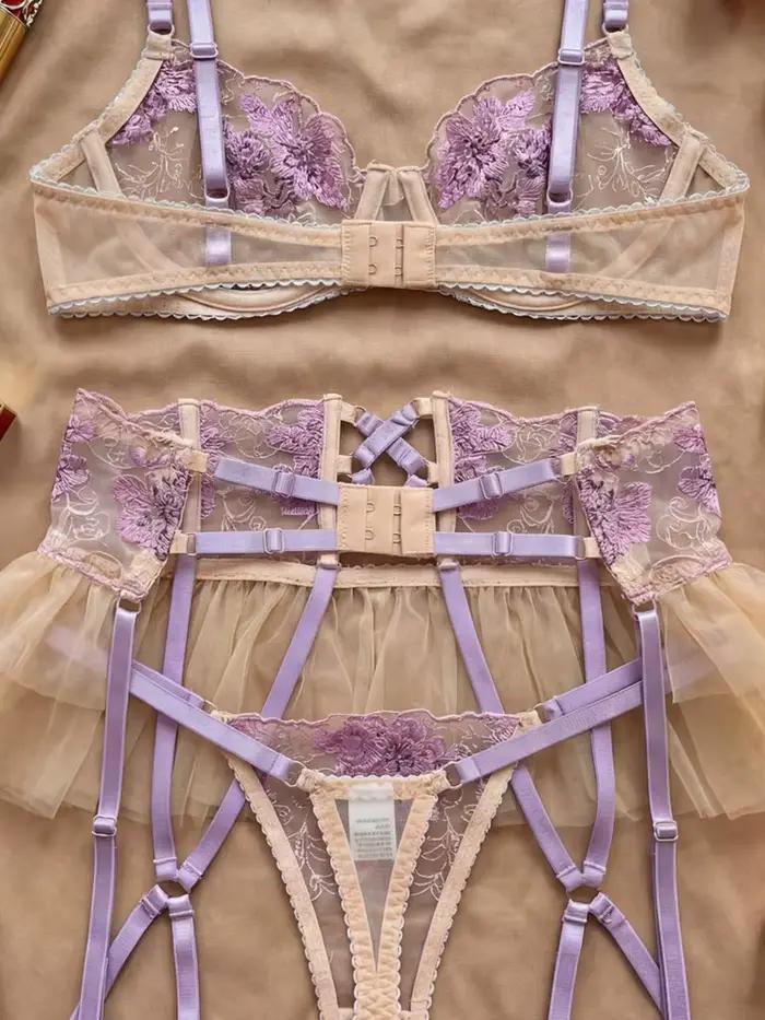 Lingerie féerique Belamimi, sous-vêtements transparents à fleurs, jarretière à volants, sous-vêtements délicats et intimes, tenues transparentes magnifiques