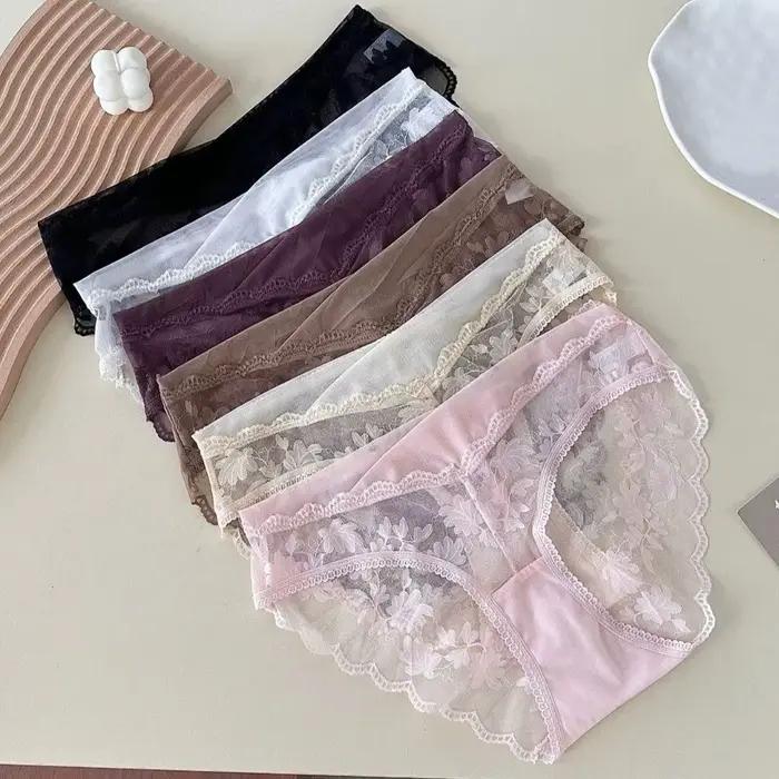 Culottes en dentelle transparente à fleurs, respirantes, taille basse, style français, pour femme