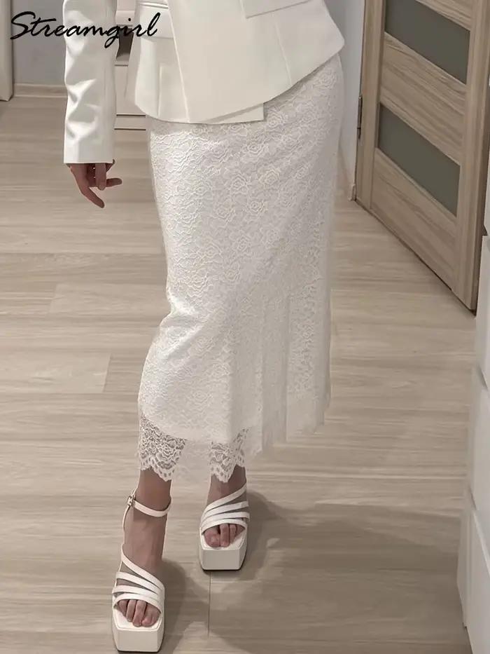 Jupe en dentelle blanche Maxi moulante femmes été tenue de bureau jupes formelles élégantes avec dentelle dame taille élastique dentelle jupe noire longue