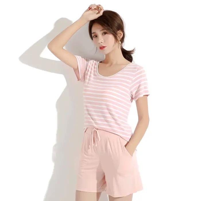 Pyjama rayé Modal pour femmes avec bonnets ensemble deux pièces été Pijama Adulto Feminino vêtements 2025 pyjamas de nuit