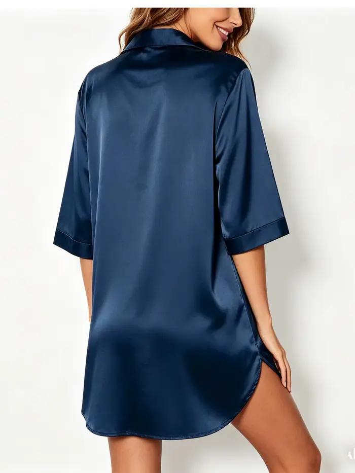 Chemise de nuit élégante en satin, robe chemise unie à col à revers et boutons, tissu respirant, texture lisse, charmante chemise de nuit pour femme