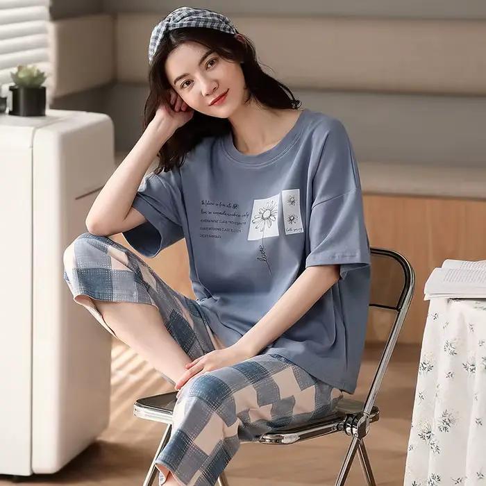 Pyjama d'été pour femmes : manches courtes, pantalon 3/4, pull-over, col rond, imprimé, style printemps/automne, ensemble de pyjama grande taille