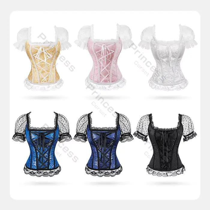 Corset avec manches princesse Corset haut en dentelle Corsets floraux pour femmes grande taille Vintage Corset Bustier à lacets rose bleu or