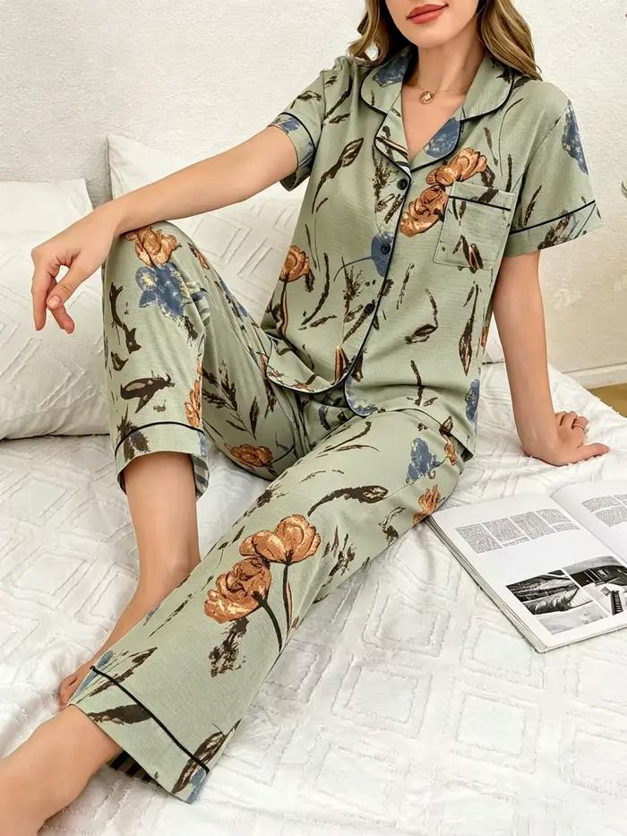 Pyjama rétro vert à fleurs pour femmes, vêtements de nuit décontractés à manches courtes et pantalon long, ensemble confortable pour le printemps et l'été