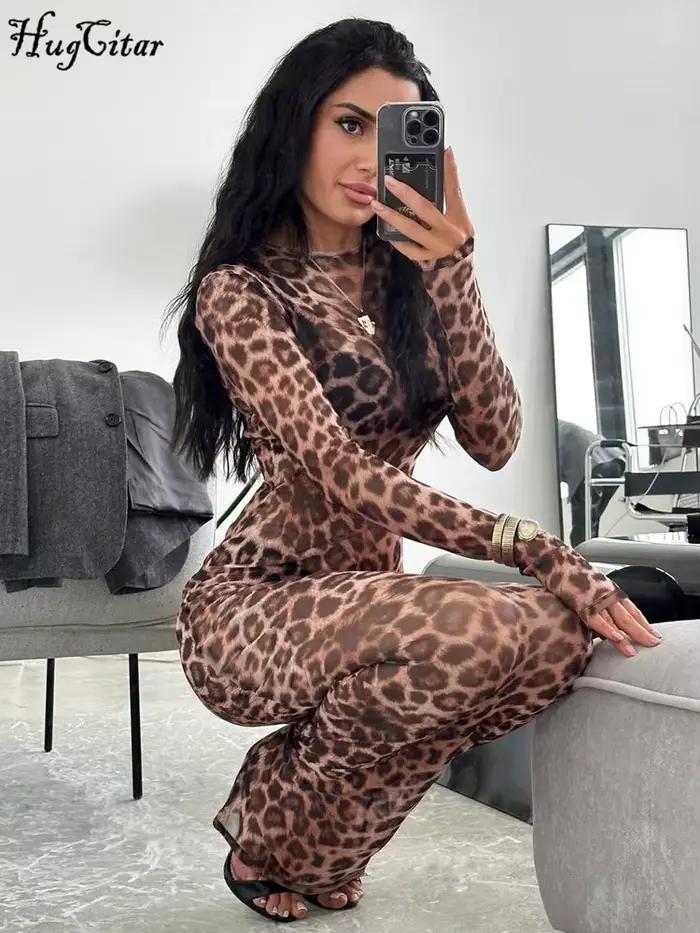 Hugcitar leopardová potlač sieťovaná s dlhými rukávmi Sexy tenká priesvitná Maxi šaty jeseň ženy móda oblečenie pláž dovolenka Club