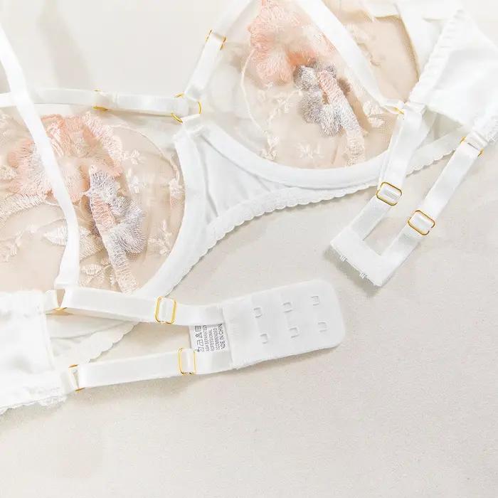 Ensemble de lingerie brodée florale de style français, soutien-gorge et culotte transparents ajourés, porte-jarretelles fantaisie, sous-vêtements érotiques pour femmes