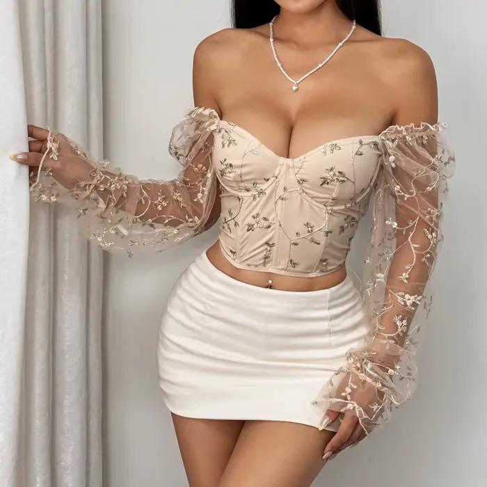 Corsets en arête de poisson à manches longues pour femmes, bustiers brodés de fleurs, haut corset polyvalent, coupe couvertes, maille, fille épicée sexy, mode