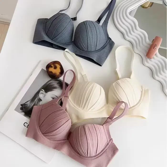 Nouveau Soutien-Gorge Plissé 2026 Push-Up pour Petites Poitrines, Sans Armature, Doux, Couleur Unie, Sans Coutures, Confortable