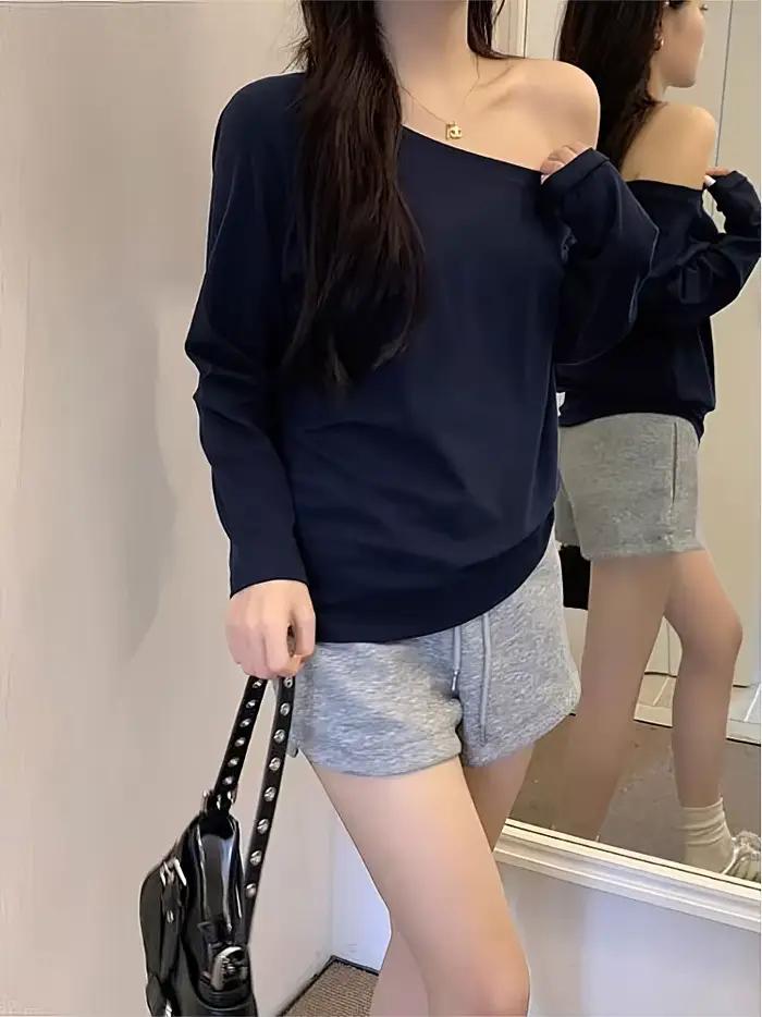 Tielko s dlhými rukávmi mimo ramena pre ženy jar jeseň voľné sexy jednoramenné top dámske ležérne základné