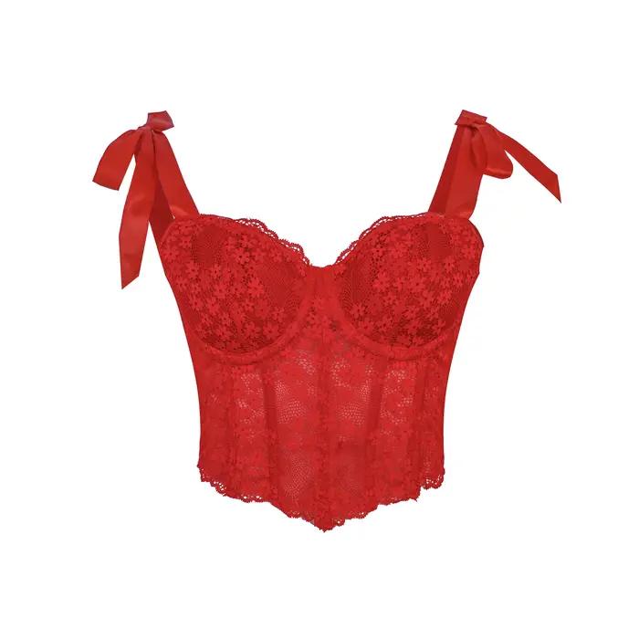 Corset en dentelle transparente à baleines pour femme, bustier rembourré à lacets, haut moulant élégant