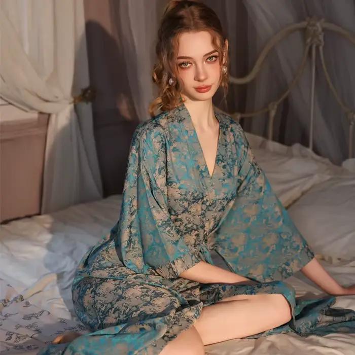 2025 toutes saisons Jacquard une pièce femmes pyjamas printemps automne longue peignoir glace soie luxe Satin Homewear chemise de nuit vêtements de nuit