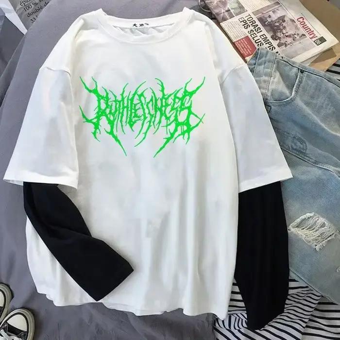 Punk štýl tmavý potlačený okrúhly výstrih Y2K športové Harajuku tričko pre ženy dlhý rukáv voľné