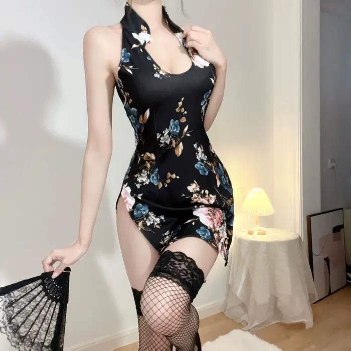 Lingerie Cheongsam de style chinois, ensemble uniforme imprimé moulant sans manches avec fente, découpes sensuelles et séduisantes pour femme