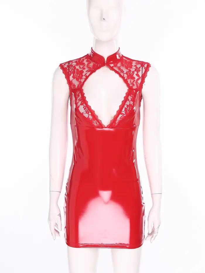 Mini robe moulante en PU brillant pour femmes, Lingerie transparente, dentelle florale, découpe, Sexy, hanche, Clubwear, Raves, Costume de fête en Club