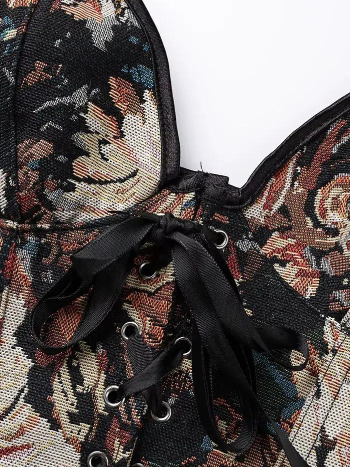 Corset victorien à baleines, bustier vintage en jacquard style peinture à l'huile, avec lacets et ruban en satin rétro, gilet ajusté pour femme