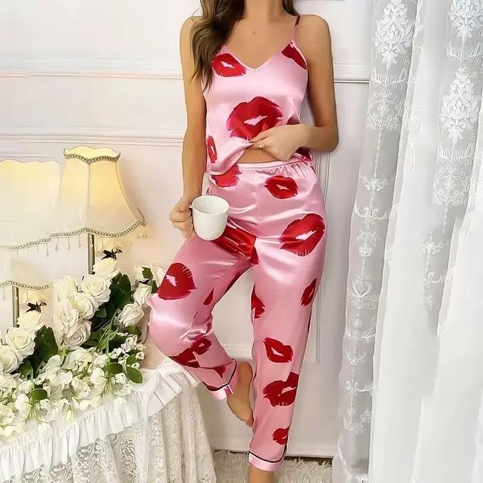 Ensemble de pyjama en satin imprimé Jules pour femme, haut caraco à col en V et pantalon élastique, pyjama confortable, vêtements de nuit